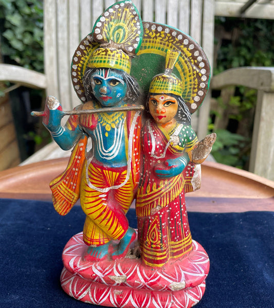 Antique Indian God Radha Krishna idol figurine hand painted 18cm tall