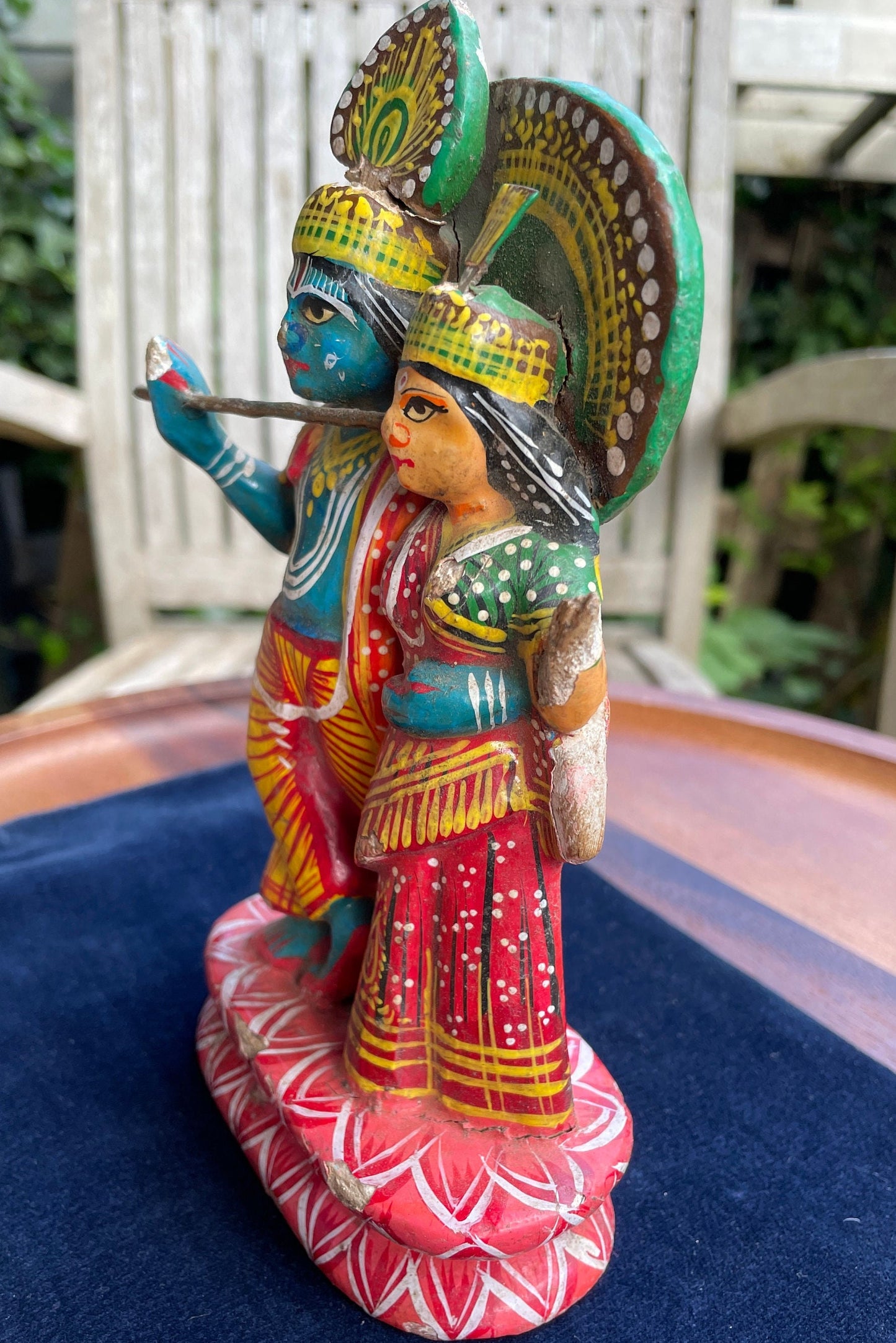 Antique Indian God Radha Krishna idol figurine hand painted 18cm tall