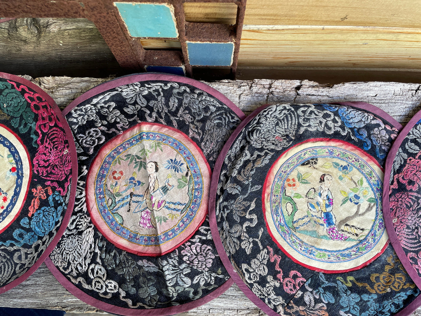 Five Vintage Chinese hand Embroidered Satin Silk Alter/table Round Mats 21cm diameter