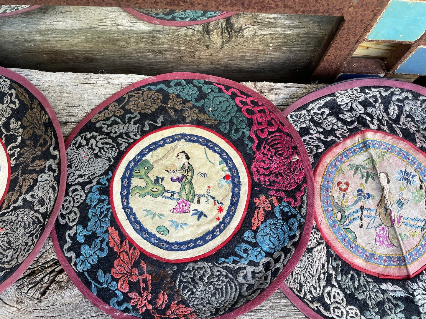 Five Vintage Chinese hand Embroidered Satin Silk Alter/table Round Mats 21cm diameter