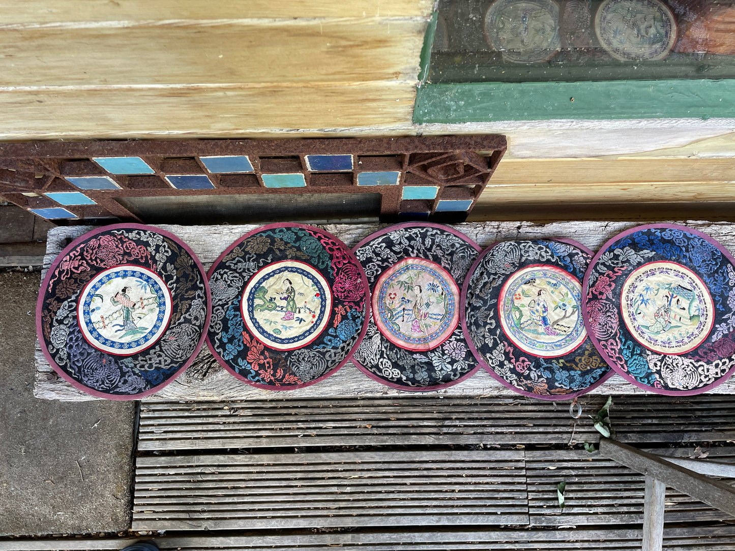 Five Vintage Chinese hand Embroidered Satin Silk Alter/table Round Mats 21cm diameter