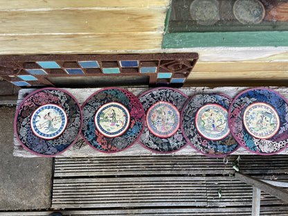 Five Vintage Chinese hand Embroidered Satin Silk Alter/table Round Mats 21cm diameter