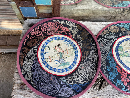 Five Vintage Chinese hand Embroidered Satin Silk Alter/table Round Mats 21cm diameter