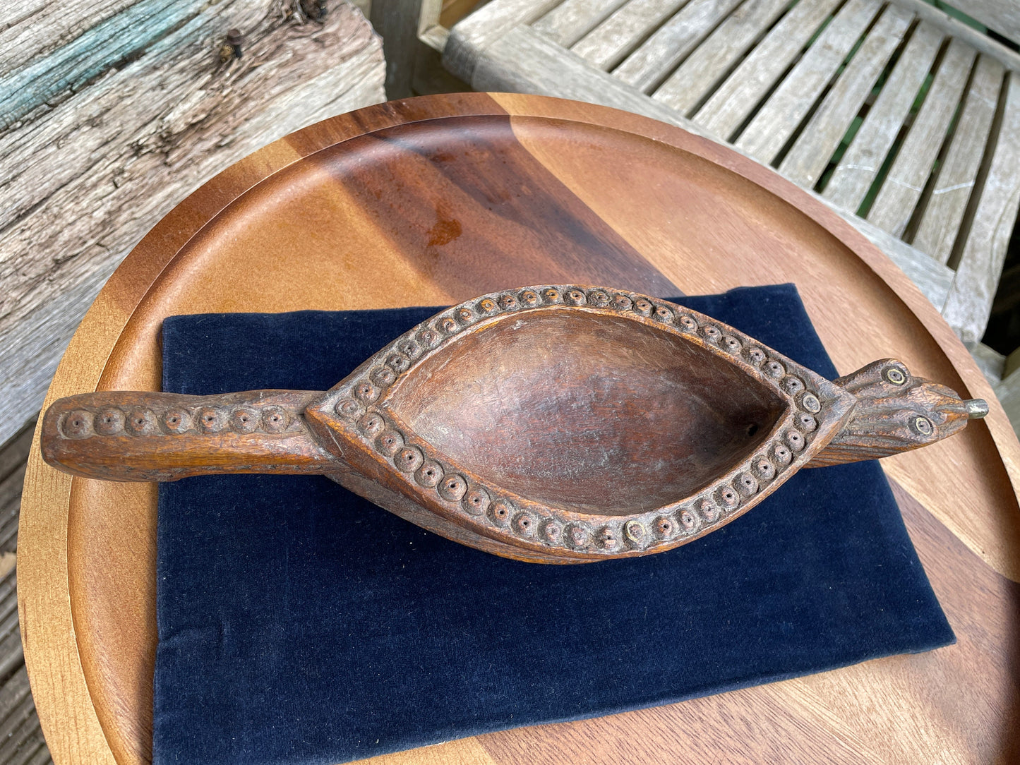 Antique Indian wooden opium water kharal bowl -Jodhpur 31cm long