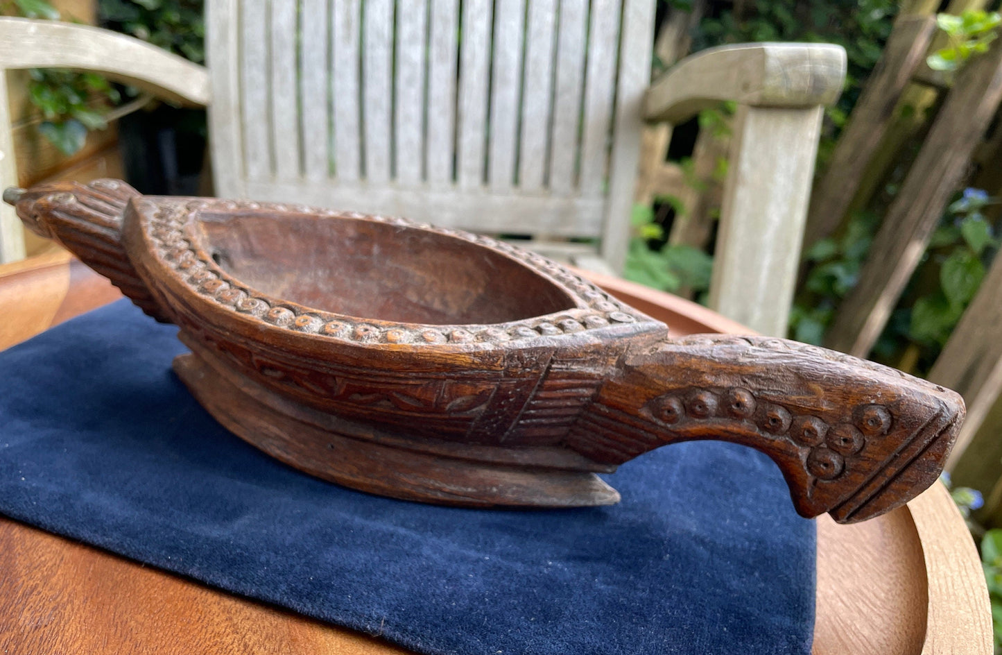 Antique Indian wooden opium water kharal bowl -Jodhpur 31cm long