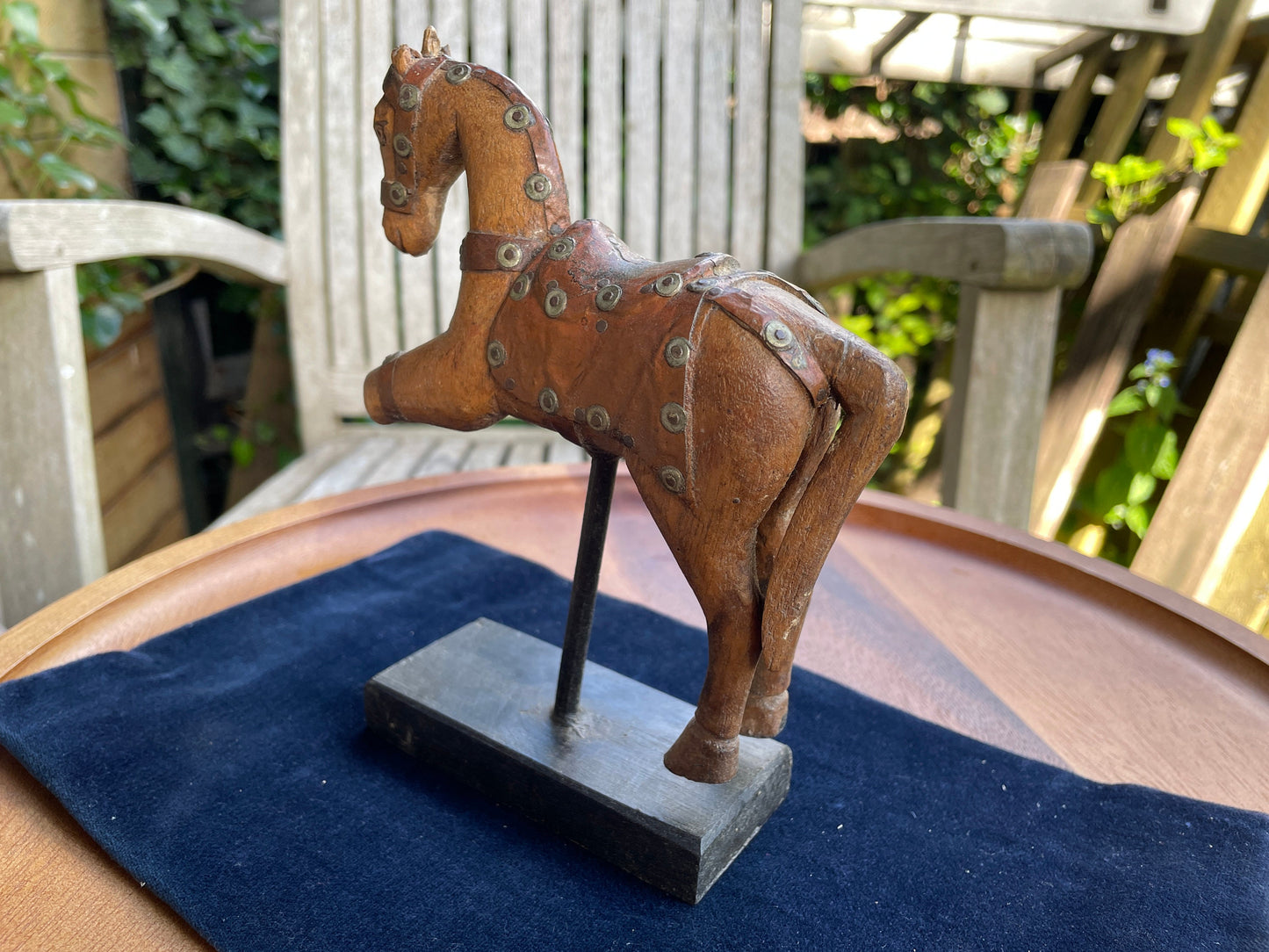 Original Vintage Wooden mounted Indian horse figure 17cm tall