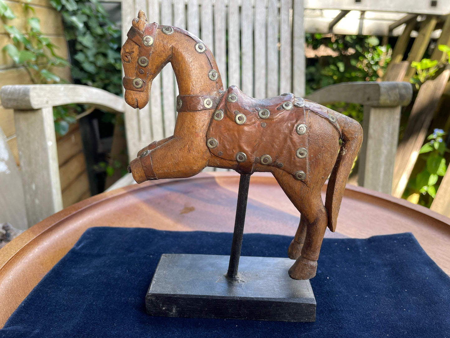 Original Vintage Wooden mounted Indian horse figure 17cm tall