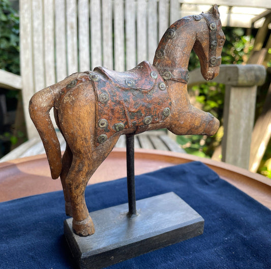 Original Vintage Wooden mounted Indian horse figure 17cm tall