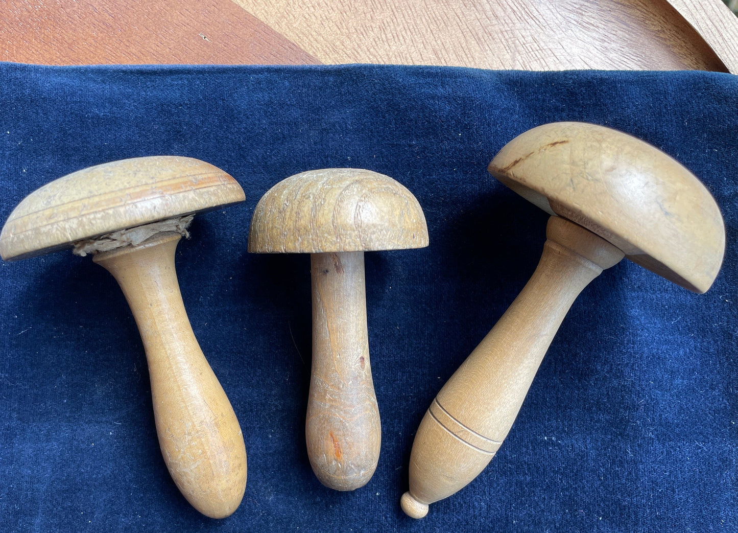 Three Vintage hand turned wooden sewing darning mushrooms 1930s / 1940s