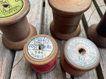 Five Vintage threads on wooden bobbins - Dorcas, Sylco, J & P Coats