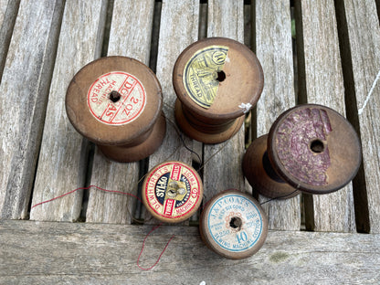 Five Vintage threads on wooden bobbins - Dorcas, Sylco, J & P Coats