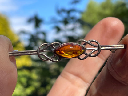 925 silver and amber Celtic design Arts and crafts bar brooch 5.5cm long