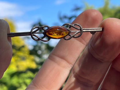 925 silver and amber Celtic design Arts and crafts bar brooch 5.5cm long