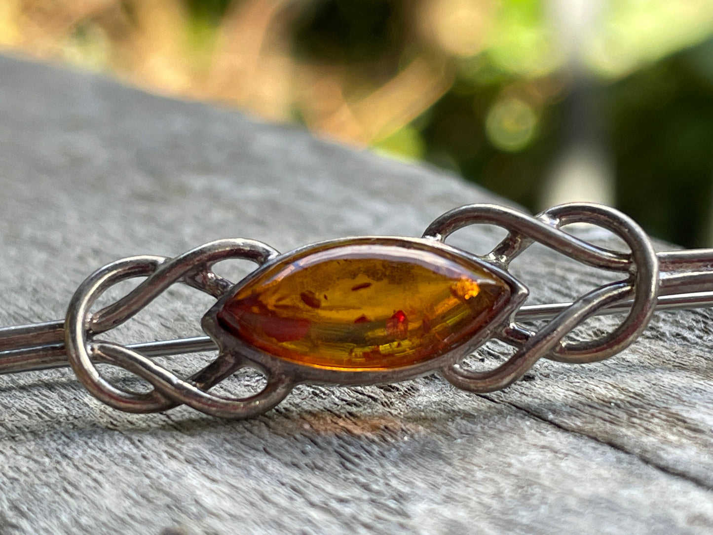 925 silver and amber Celtic design Arts and crafts bar brooch 5.5cm long