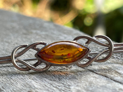 925 silver and amber Celtic design Arts and crafts bar brooch 5.5cm long