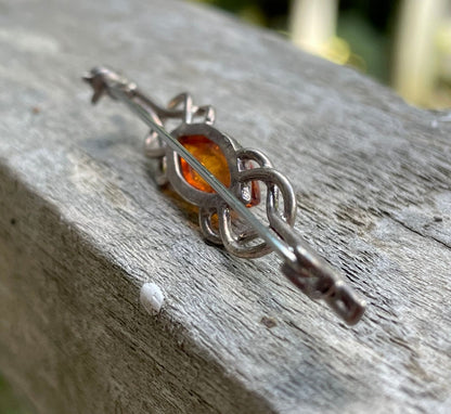 925 silver and amber Celtic design Arts and crafts bar brooch 5.5cm long