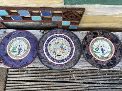 Three Vintage Chinese hand Embroidered Satin Silk Round Mats 23cm diameter