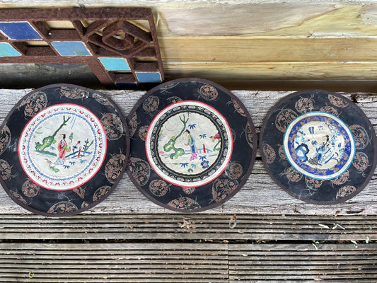 Three Vintage Chinese hand Embroidered Satin Silk Round Mats 24cm diameter