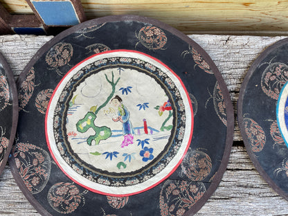 Three Vintage Chinese hand Embroidered Satin Silk Round Mats 24cm diameter