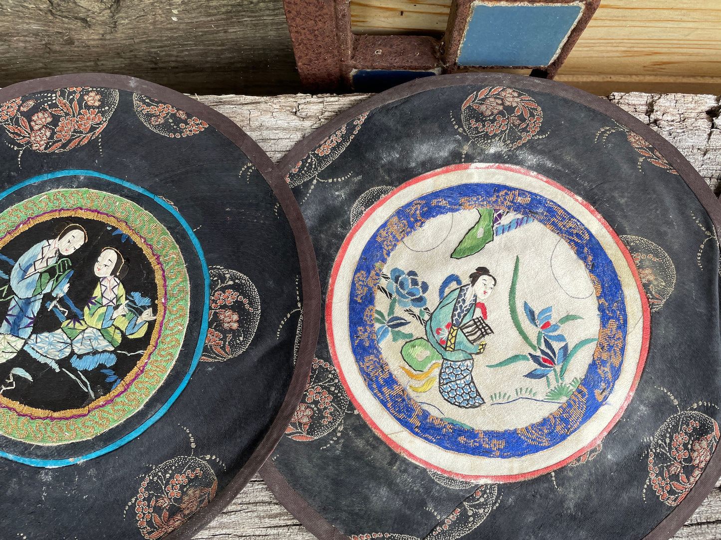 Four Vintage Chinese hand Embroidered Satin Silk Round Mats 21cm diameter