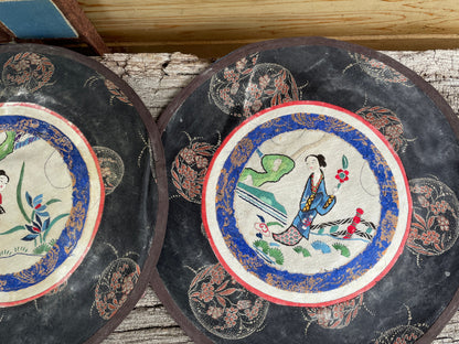 Four Vintage Chinese hand Embroidered Satin Silk Round Mats 21cm diameter