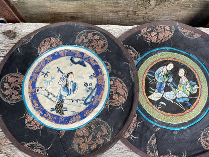 Four Vintage Chinese hand Embroidered Satin Silk Round Mats 21cm diameter