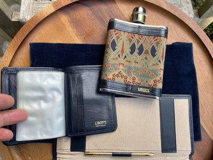 Liberty of London hipflask, Keyring, chequebook holder, wallet set with Lanthe tana lawn cotton fabric and  navy leather trim