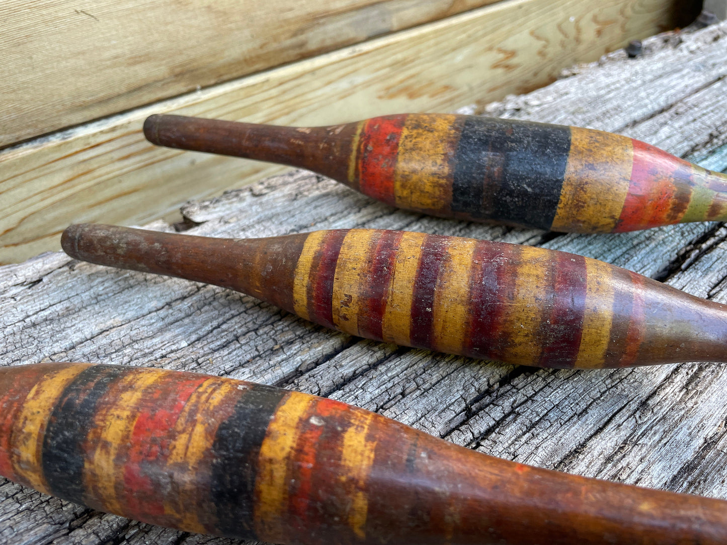 Three Antique wooden chapati bread rolling pins bright original lacquer paint from India 30cm long