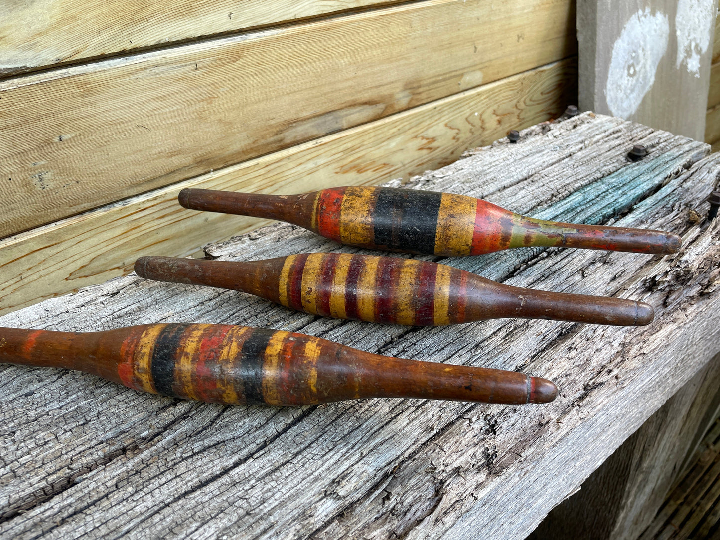 Three Antique wooden chapati bread rolling pins bright original lacquer paint from India 30cm long