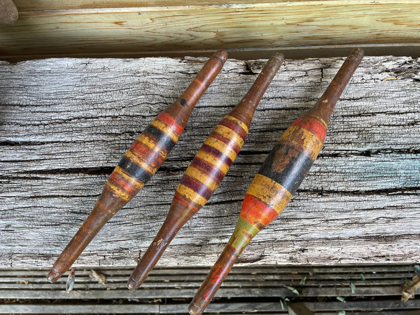 Three Antique wooden chapati bread rolling pins bright original lacquer paint from India 30cm long