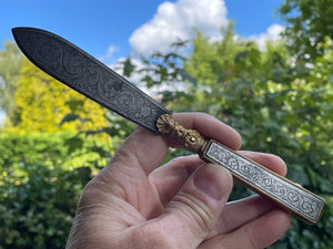 Antique French Letter opener - hand engraved vane and handle with Ormolu mounts c1850 19.5cm long