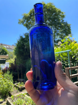Victorian cobalt blue 18-sided ink bottle c1890's with pouring lip 21cm tall