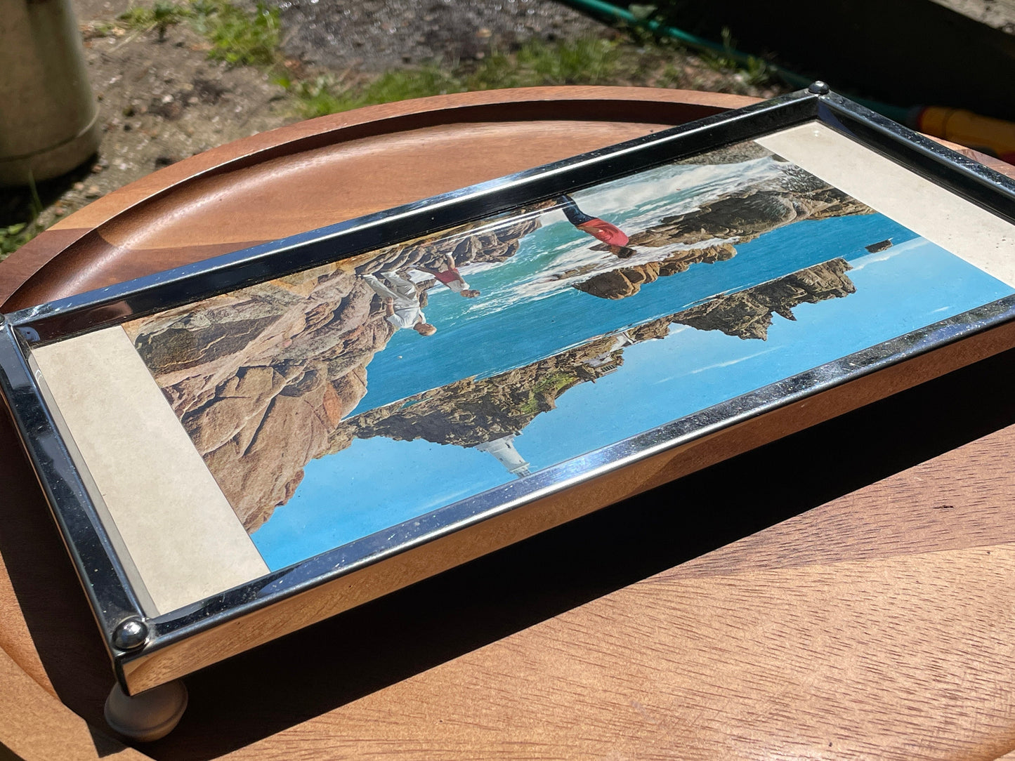 Vintage Teapot stand or tea tray with period photo by Zimco England 1930's 31x16cm