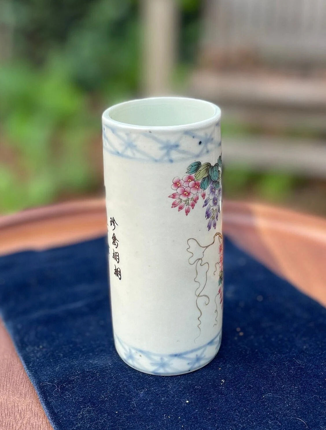 Vintage Chinese Famille Rose Brush Pot, Hand Painted Porcelain Vase with Birds and Blossoms, Calligraphy & Mark, 12cm