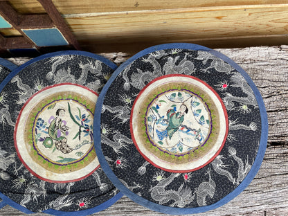 Five Vintage Chinese hand Embroidered Satin Silk Round Mats 21cm diameter