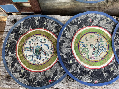 Five Vintage Chinese hand Embroidered Satin Silk Round Mats 21cm diameter