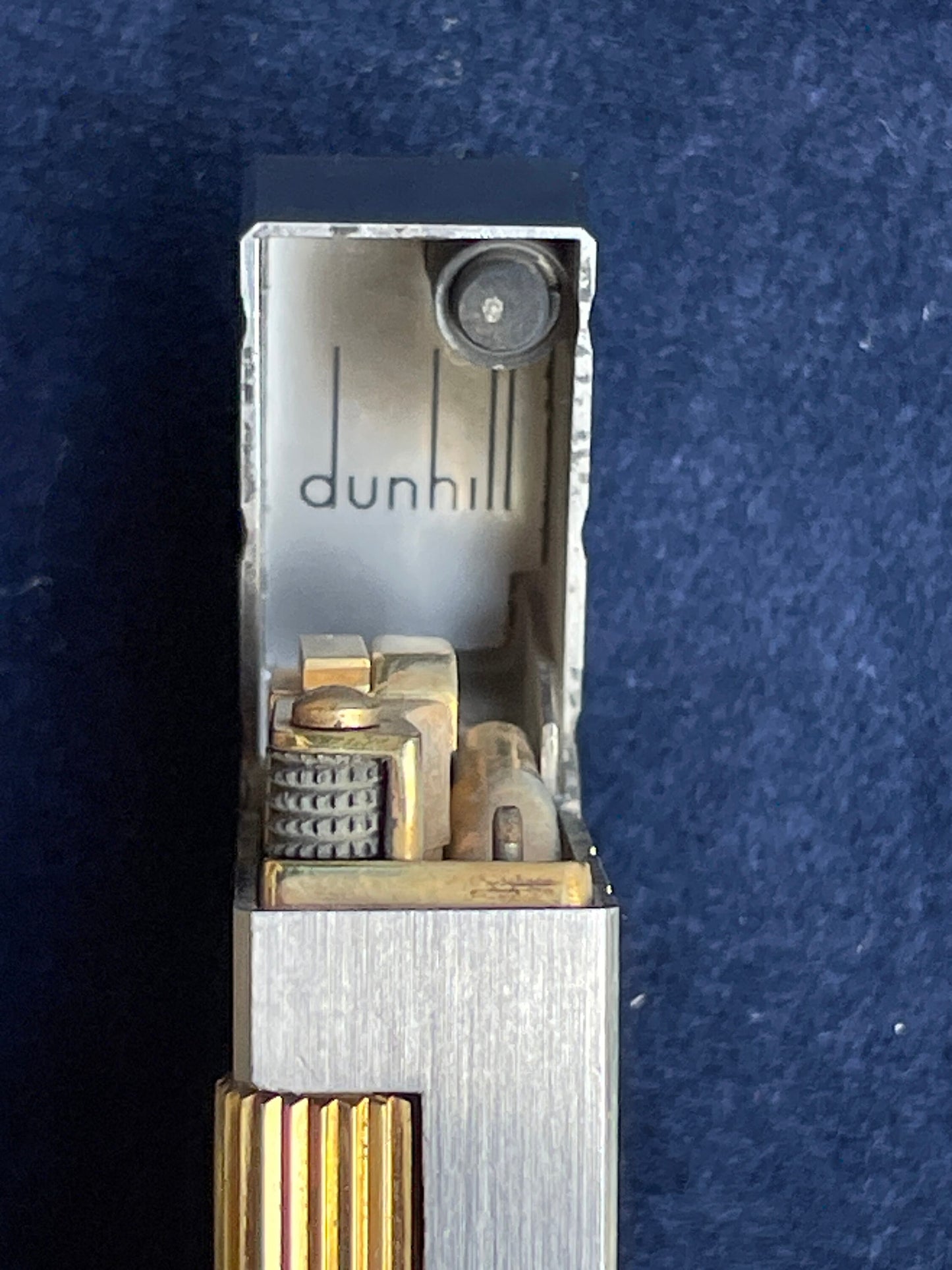 Vintage Dunhill Rollagas silver and gold plated lighter - original Dunhill leather slip-case