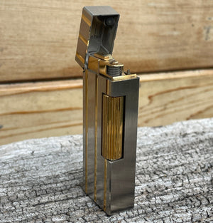 Vintage Dunhill Rollagas silver and gold plated lighter - original Dunhill leather slip-case