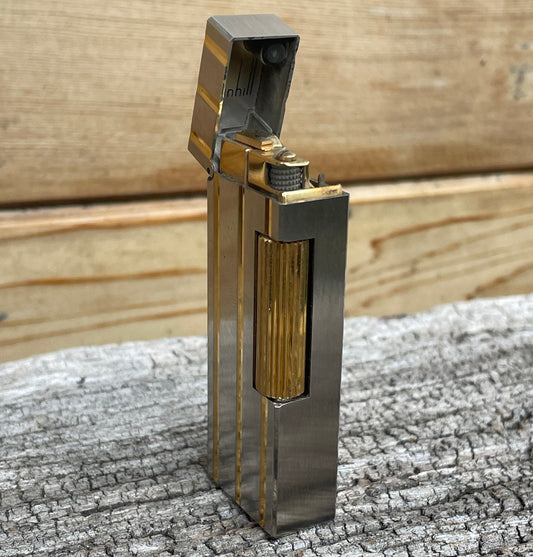 Vintage Dunhill Rollagas silver and gold plated lighter - original Dunhill leather slip-case