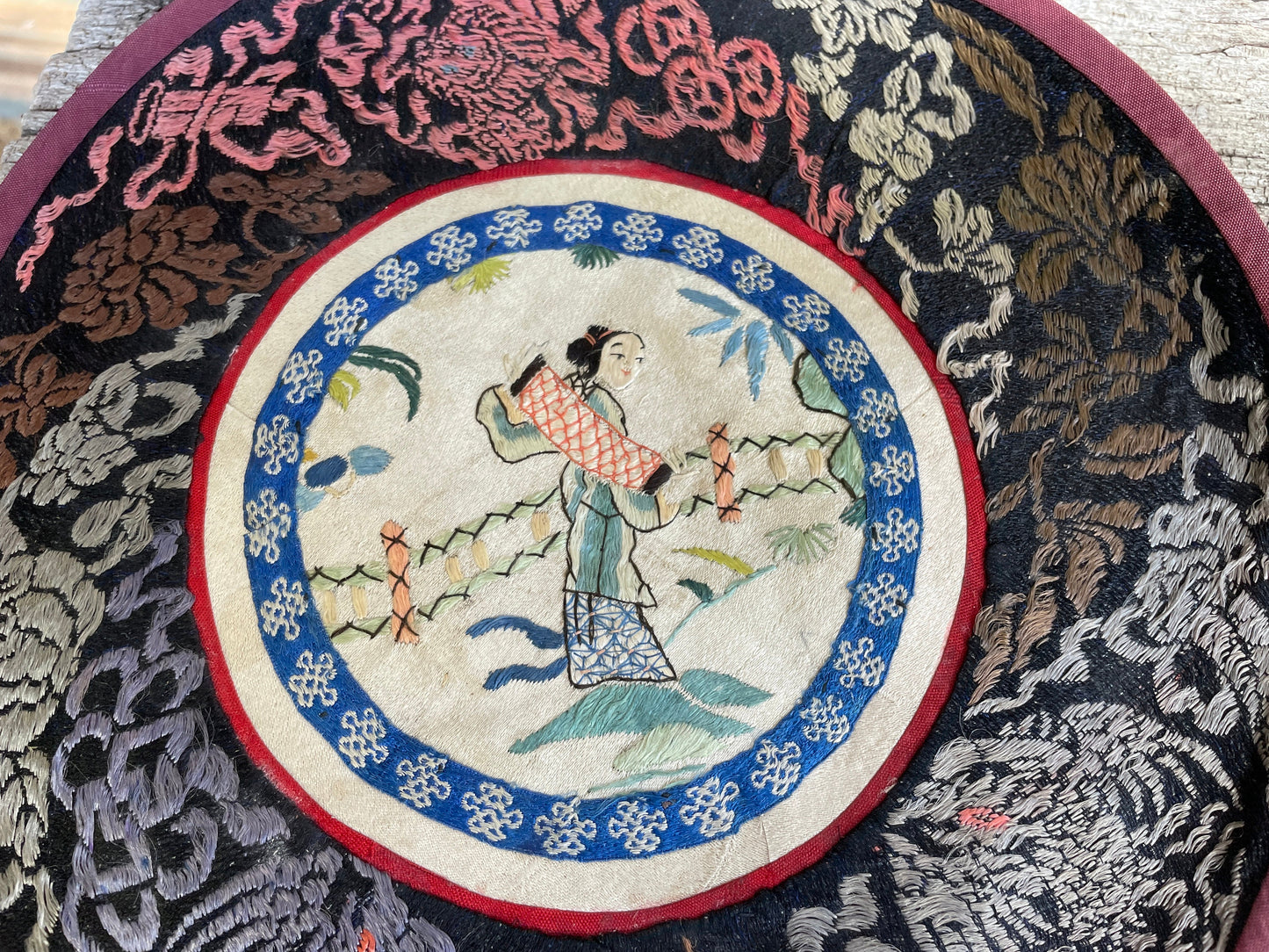 Five Vintage Chinese hand Embroidered Satin Silk Alter/table Round Mats 21cm diameter