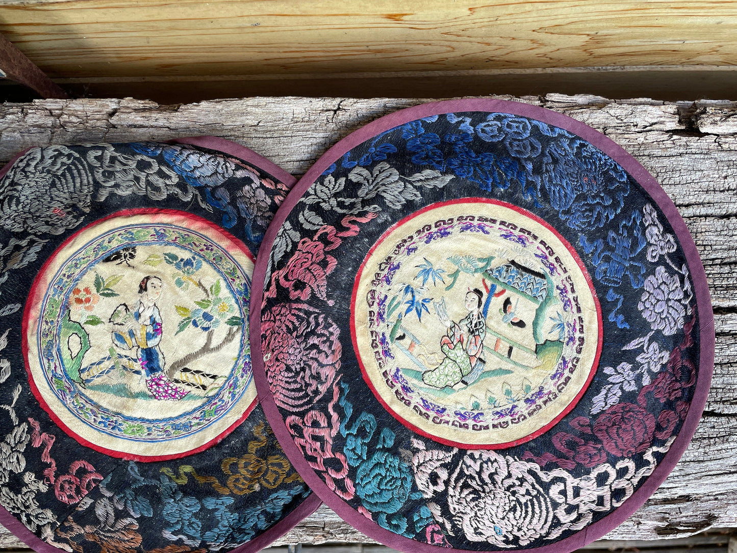 Five Vintage Chinese hand Embroidered Satin Silk Alter/table Round Mats 21cm diameter