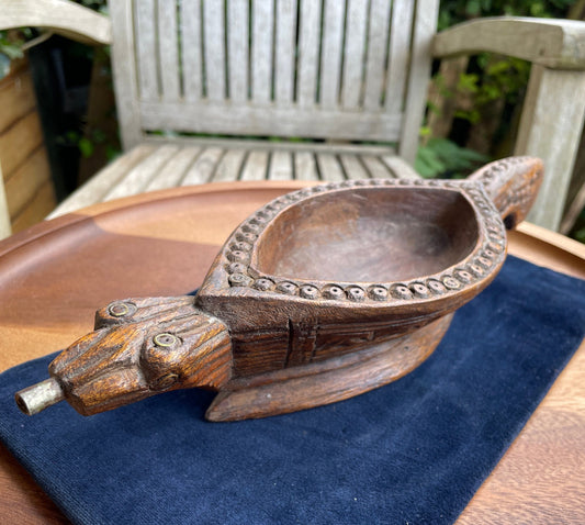 Antique Indian wooden opium water kharal bowl -Jodhpur 31cm long