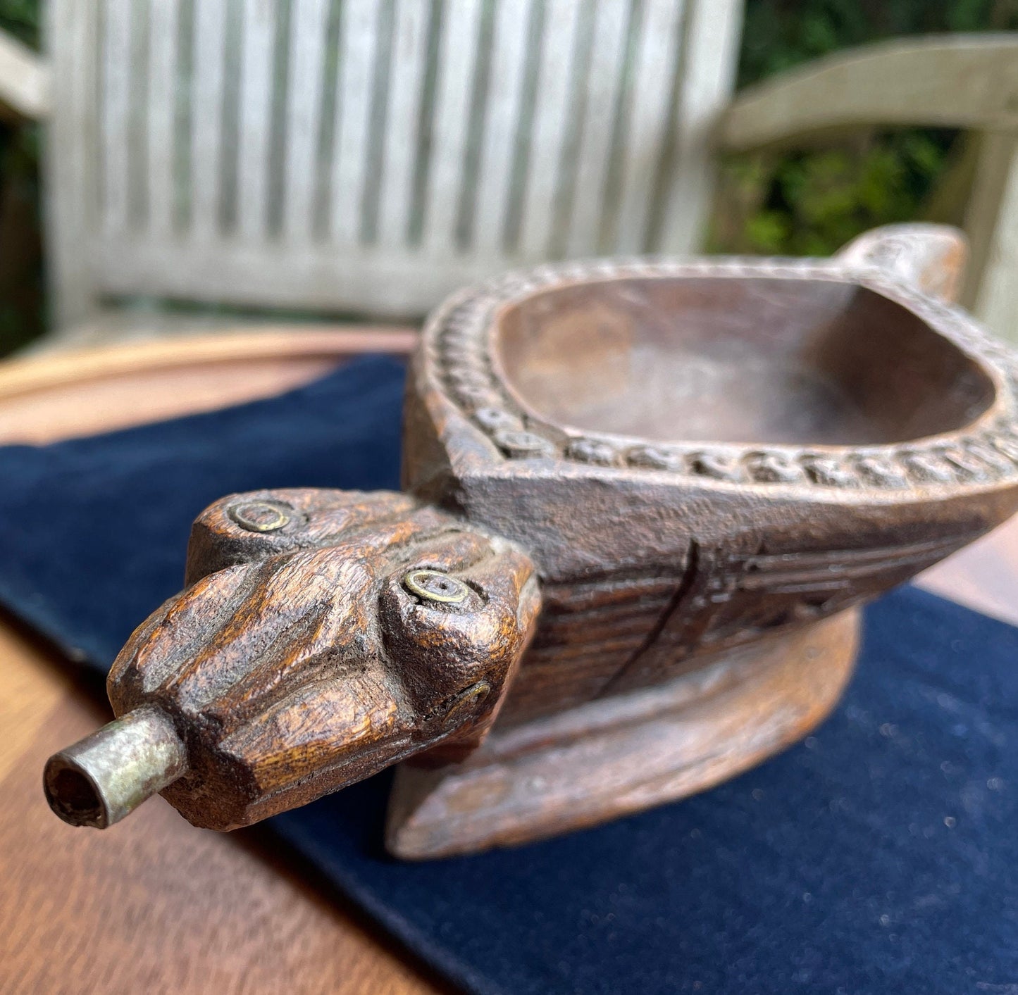 Antique Indian wooden opium water kharal bowl -Jodhpur 31cm long