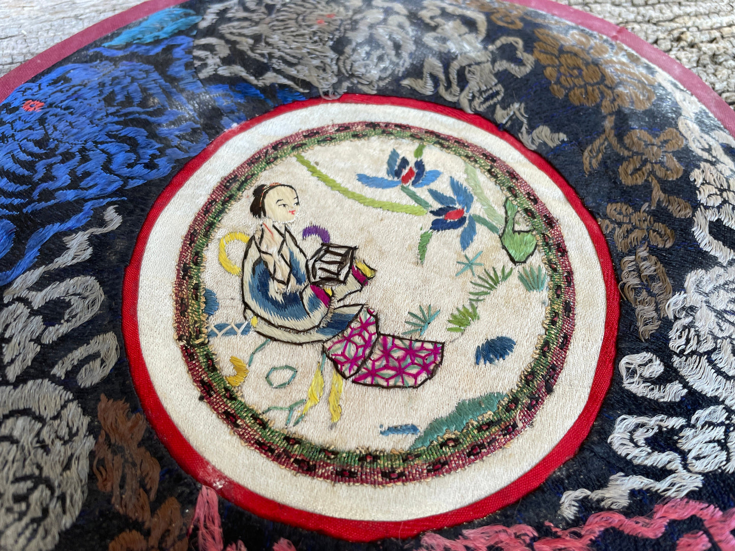 Five Vintage Chinese hand Embroidered Satin Silk Round Mats 19cm diameter