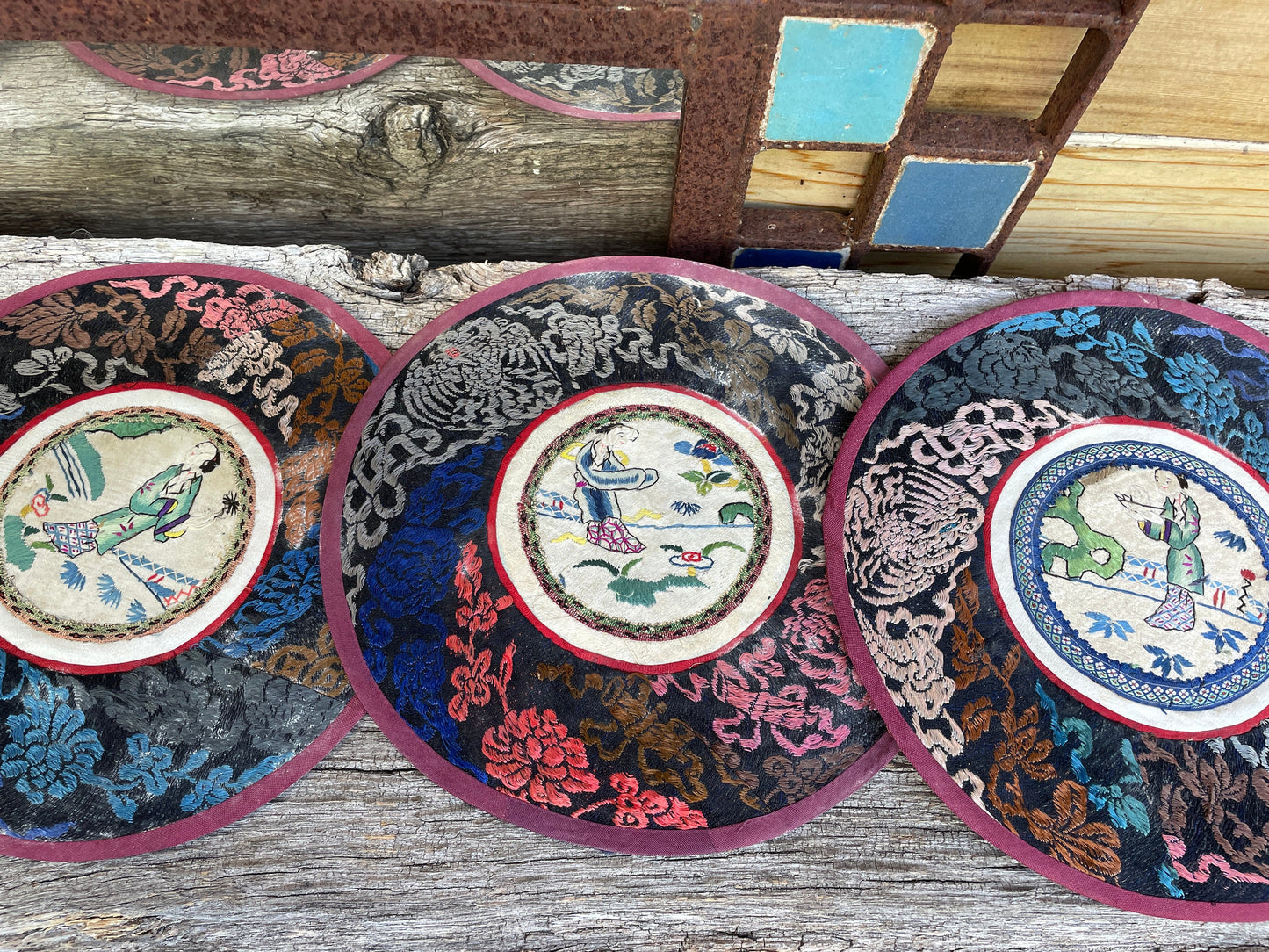 Five Vintage Chinese hand Embroidered Satin Silk Round Mats 19cm diameter