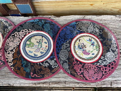 Five Vintage Chinese hand Embroidered Satin Silk Round Mats 19cm diameter