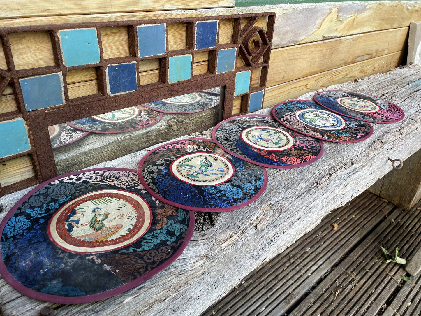 Five Vintage Chinese hand Embroidered Satin Silk Round Mats 19cm diameter