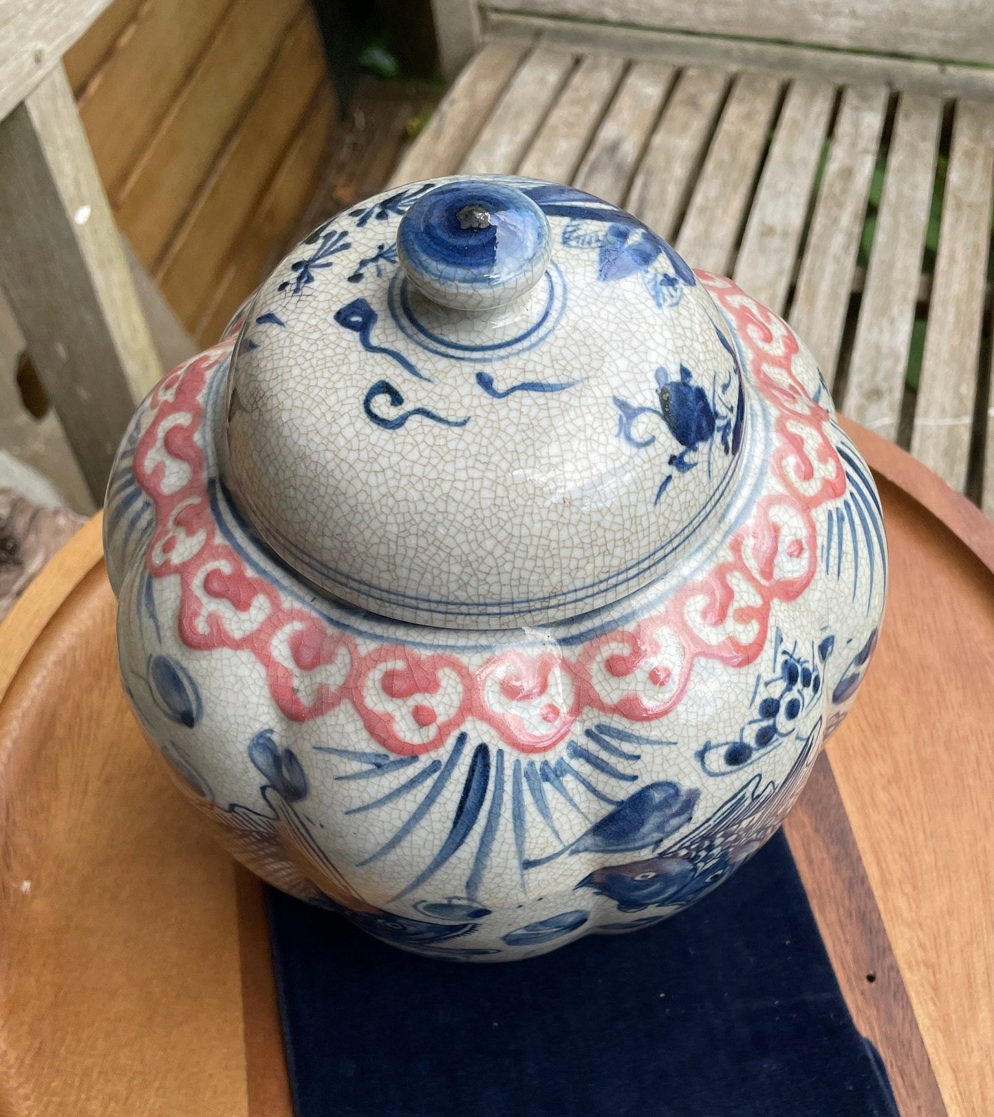 Chinese Yuan blue and white  crackle glazed jar and cover with fish design 23cm tall