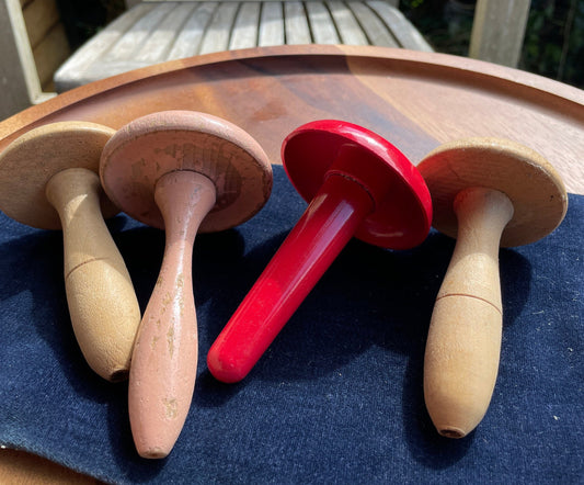 Three Vintage hand turned wooden sewing darning mushrooms 1930s / 1940s one plastic