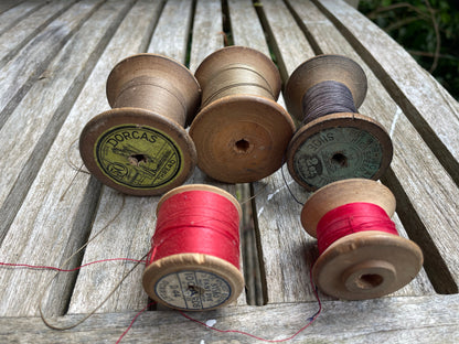 Five Vintage threads on wooden bobbins - Dorcas, Sylco, J & P Coats